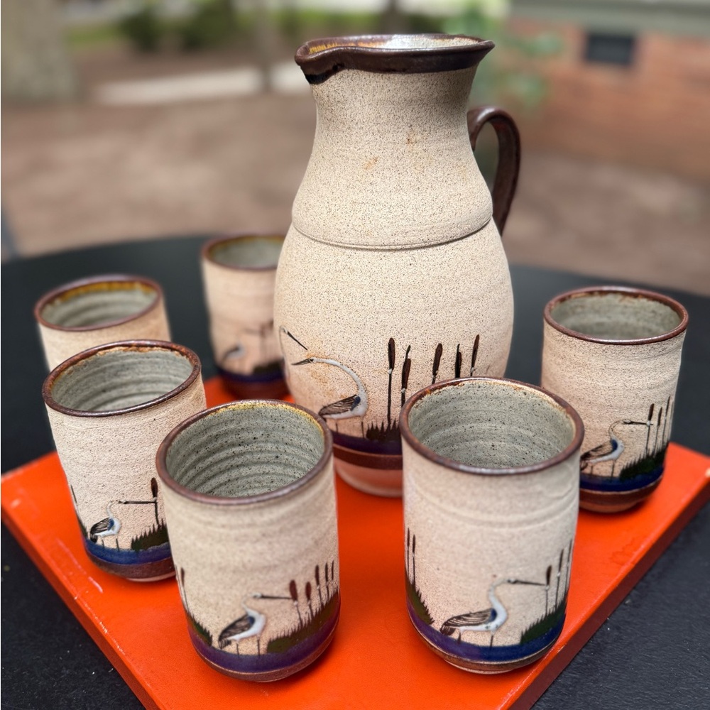 Vintage Mexican Mid Century Tonala Pottery Pitcher and 6 Cups set.